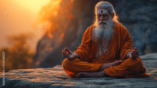 Elderly Indian yogi practicing meditation in serene natural setting during sunset