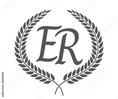 Initial letter E and R, ER monogram logo design with laurel wreath. Luxury calligraphy font.