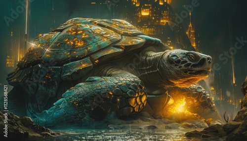 Majestic Cosmic Tortoise Guards Futuristic Cityscape photo