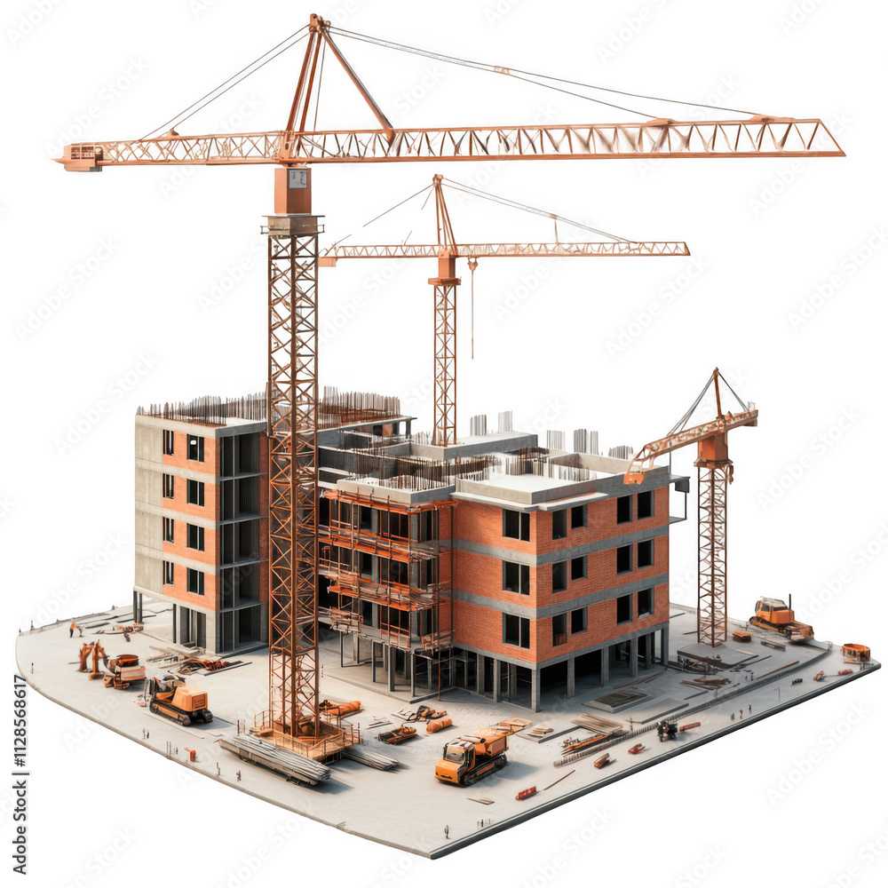 Realistic construction site with cranes and buildings under construction, isolated on transparent background, 3d rendering Realistic construction site with cranes and buildings under construction, isolated on transparent background, 3d rendering