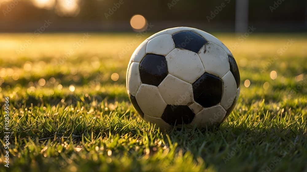 Fototapeta premium Close-up shot of a football with lush grass and soft sunlight glow.