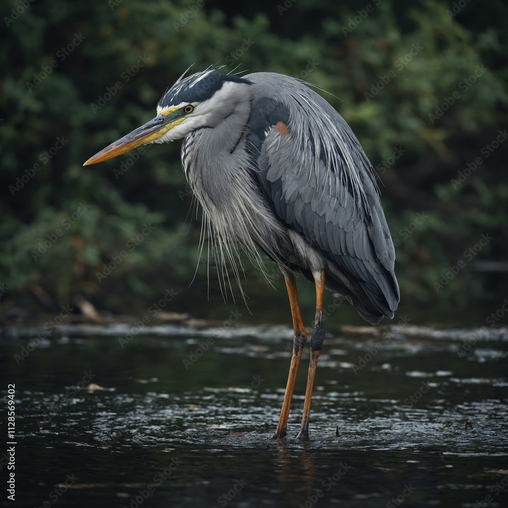 Write about a heron standing gracefully in shallow river waters. Write about a heron standing gracefully in shallow river waters.