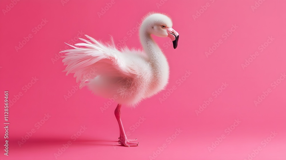 Fototapeta premium A baby flamingo with fluffy down feathers standing on a coral pink background stretching its tiny wings.