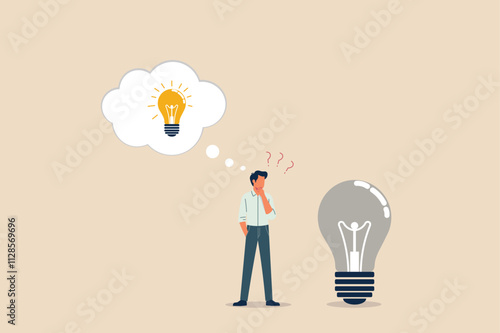 Man thinks with glowing lightbulb ideas, problem-solving processes, creativity, innovation concepts, finding solutions, and brainstorming new approaches. facing the challenge of generating new ideas