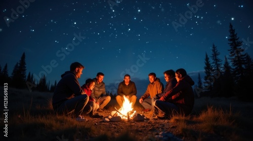 Friends Stargazing Around a Campfire