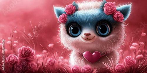 Romantic cartoon alpaca with big eyes surrounded bi pink roses. Valentines day pastel floral background