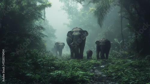 Elephant family walking through a misty jungle. photo