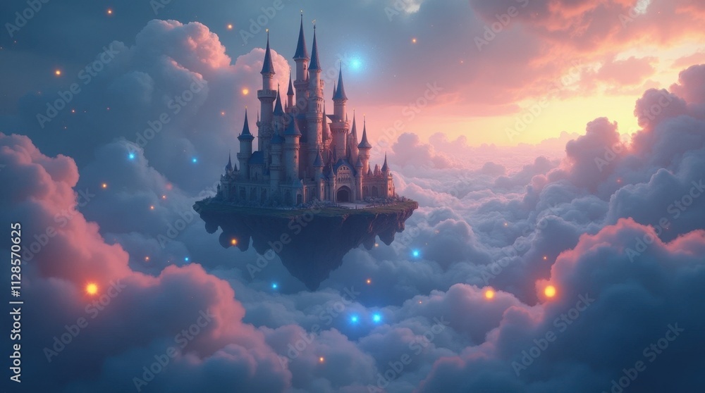 Obraz premium Magical Floating Castle with Glowing Orbs