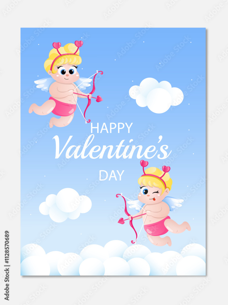 Fototapeta premium Logo love is in the air for Valentine's Day. Vertical card with cute angels cupids with bow and arrows on a blue background with clouds. Vector illustration