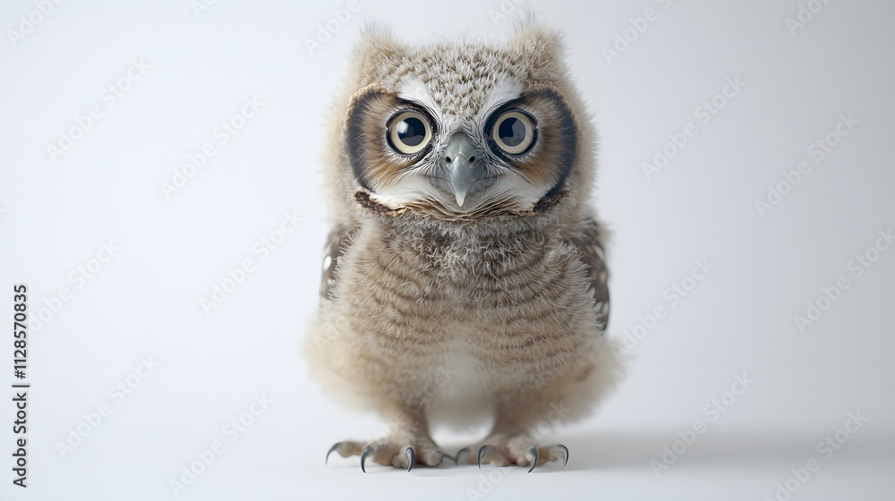 Obraz premium A baby owl perched on an invisible stand on a soft white background with its wide curious eyes focused ahead.