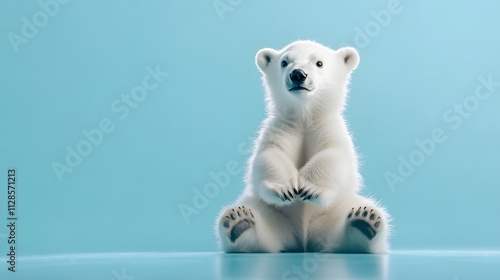 A baby polar bear sitting on its hind legs on an icy blue background with a playful expression on its face.