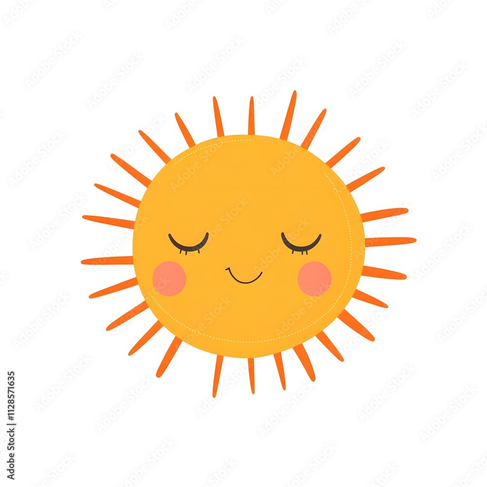 Cute Smiling Sun Illustration with Closed Eyes and Cheeks, Happy Sun Icon on White Background Cute Smiling Sun Illustration with Closed Eyes and Cheeks, Happy Sun Icon on White Background