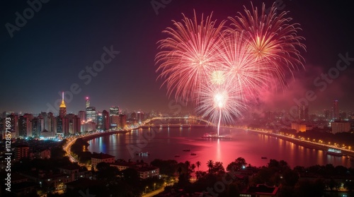 New Year's Eve Fireworks over City Skyline