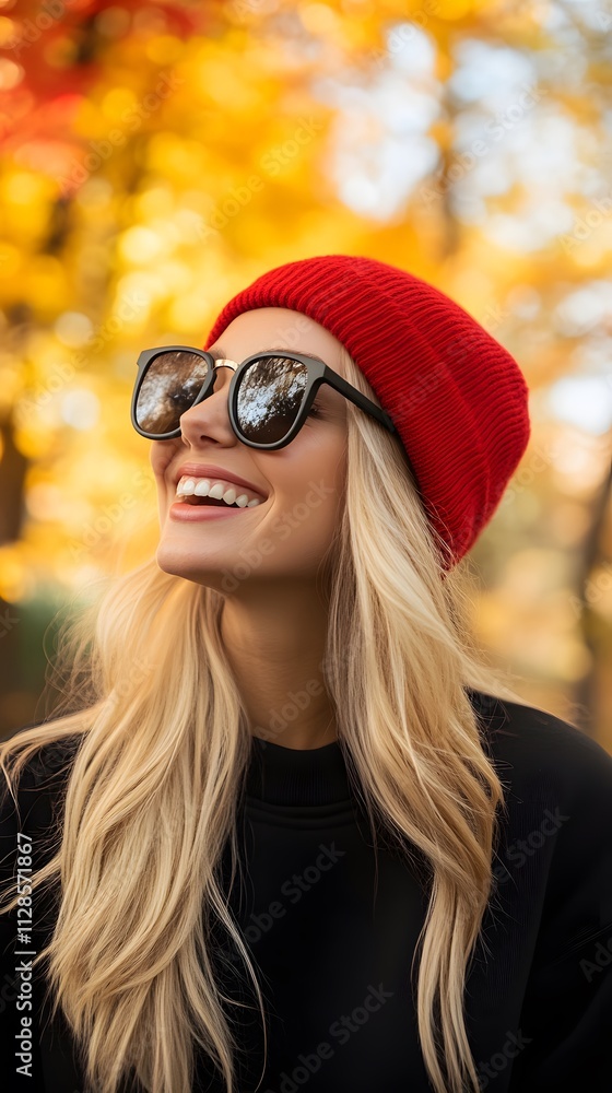 A blonde woman wearing sunglasses and red beanie smiling in autumn, with fall foliage background A blonde woman wearing sunglasses and red beanie smiling in autumn, with fall foliage background