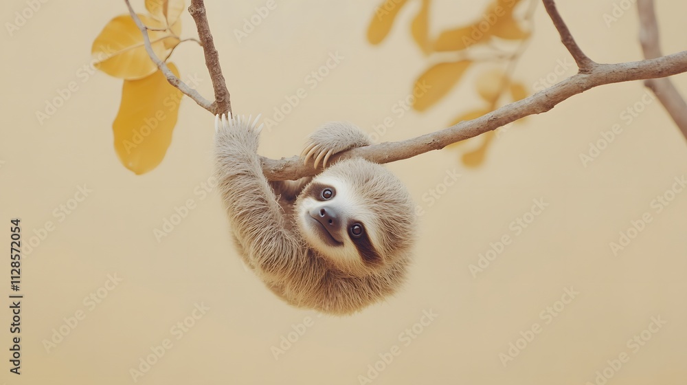 A baby sloth hanging upside down on a miniature branch against a soft tan background looking relaxed and content. A baby sloth hanging upside down on a miniature branch against a soft tan background looking relaxed and content.
