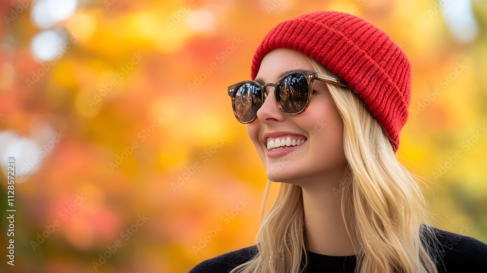 A blonde woman wearing sunglasses and red beanie smiling in autumn, with fall foliage background A blonde woman wearing sunglasses and red beanie smiling in autumn, with fall foliage background