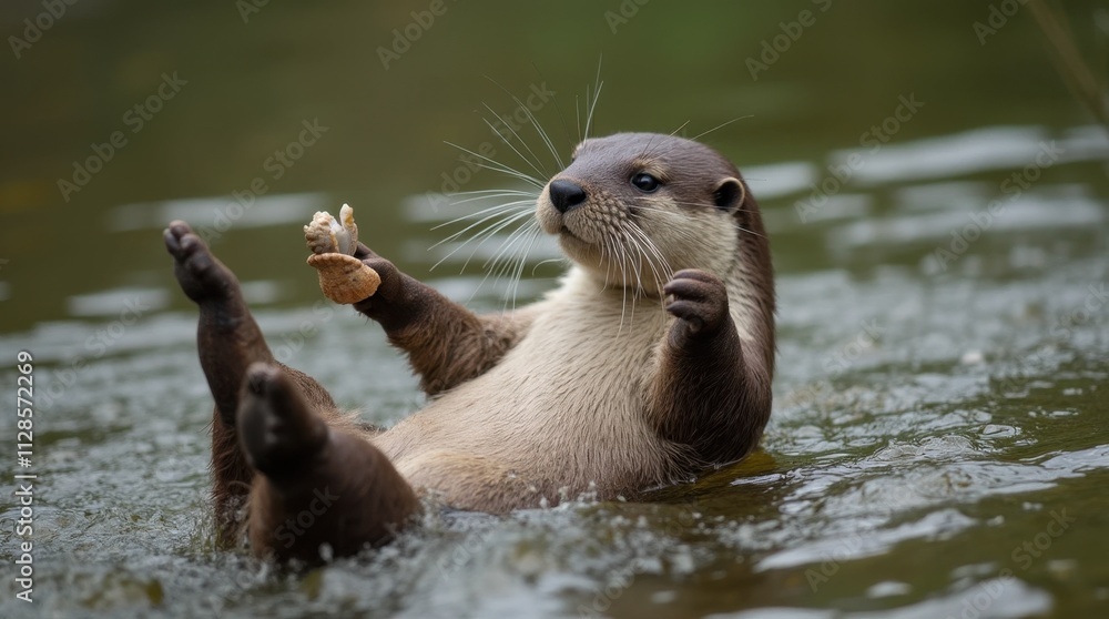 Obraz premium Playful Otter with Shell in River