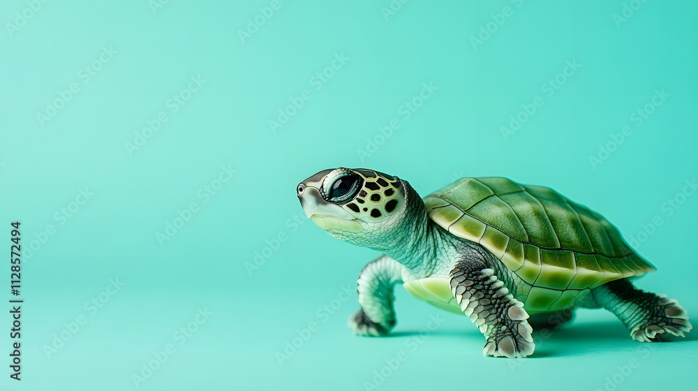 Obraz premium A baby turtle with a bright green shell crawling on a seafoam blue background looking determined.