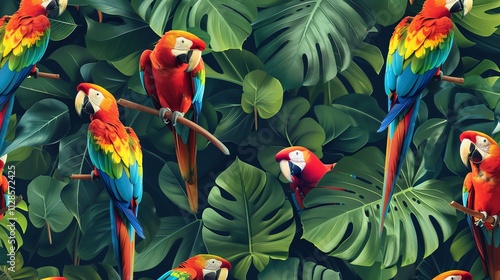 A seamless pattern of colorful parrots perched on branches among lush tropical foliage.