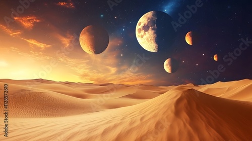 A barren desert planet with endless sand dunes under a sky filled with multiple moons of different colors. photo