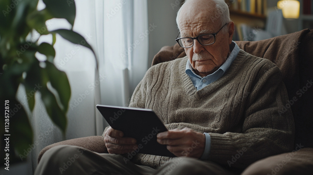 Elderly man reading a tablet while sitting in a cozy armchair near a window Elderly man reading a tablet while sitting in a cozy armchair near a window