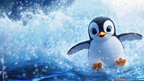 Playful penguin sliding on icy waves photo