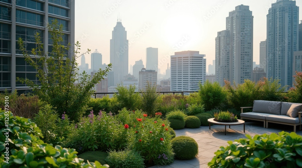 Fototapeta premium Rooftop Garden Oasis in Urban Cityscape