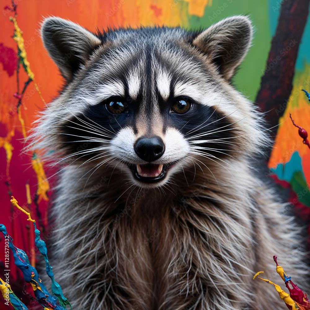 Obraz premium Raccoon with a cheerful expression set against a vibrant, colorful background