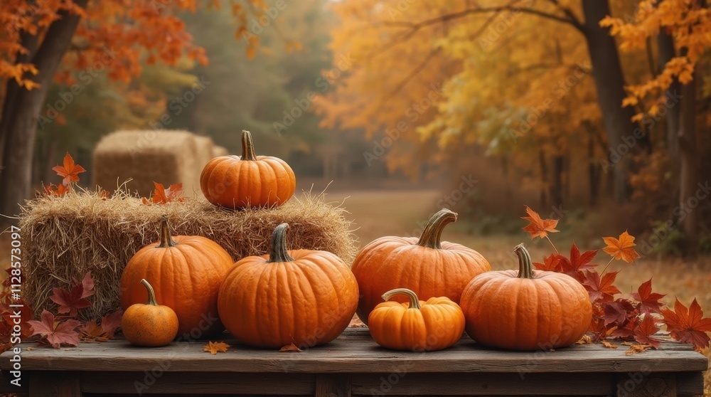 Rustic Autumn Harvest Scene with Pumpkins and Hay Bales Rustic Autumn Harvest Scene with Pumpkins and Hay Bales
