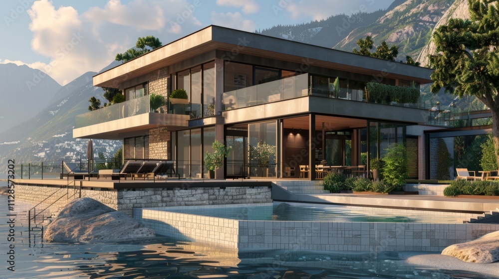 Fototapeta premium Seaside detached villa with pool and large terrace