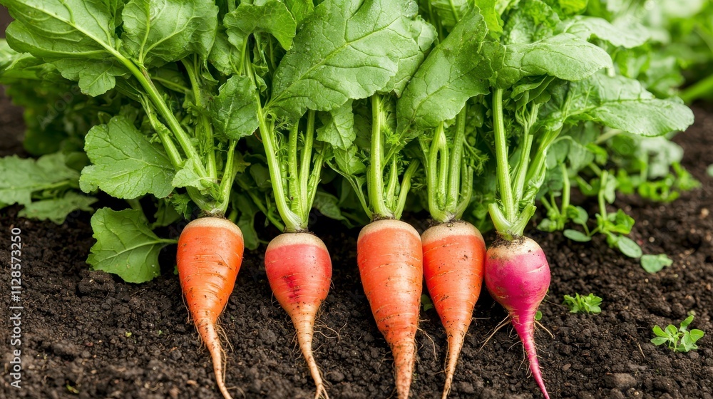 Freshly Harvested Radishes with Vibrant Green Leaves Growing in Fertile Soil, Showcasing Different Colors and Sizes, Ideal for Gardening and Culinary Use Freshly Harvested Radishes with Vibrant Green Leaves Growing in Fertile Soil, Showcasing Different Colors and Sizes, Ideal for Gardening and Culinary Use