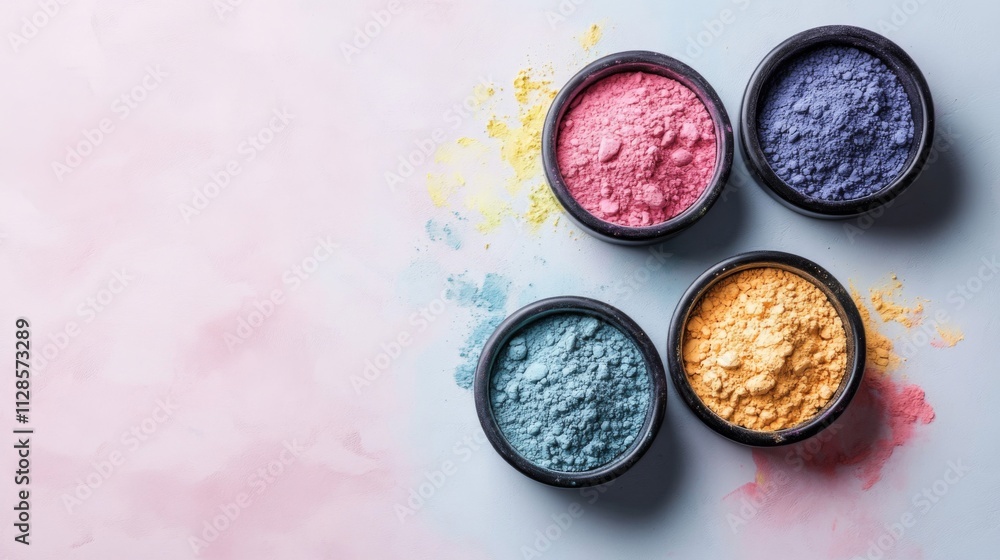 Colorful Powder Pigments In Small Bowls Arranged On A Table Colorful Powder Pigments In Small Bowls Arranged On A Table