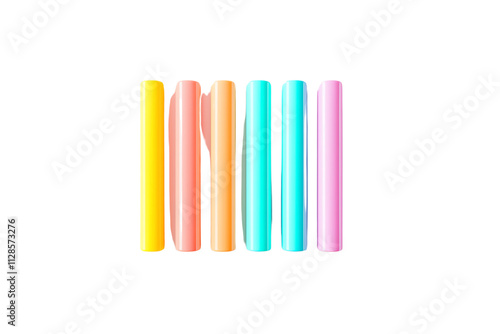 A collection of vibrant, colorful cylindrical objects arranged in a row, showcasing various pastel shades.