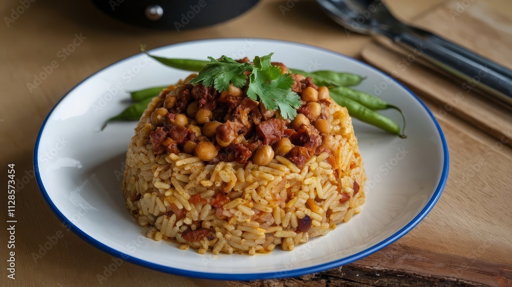 Delicious Spiced Rice Dish with Chickpeas and a Garnish of Fresh Coriander. A vibrant plate of spiced rice topped with chickpeas, herbs, and green chilies, perfect for food lovers and culina... Delicious Spiced Rice Dish with Chickpeas and a Garnish of Fresh Coriander. A vibrant plate of spiced rice topped with chickpeas, herbs, and green chilies, perfect for food lovers and culina...