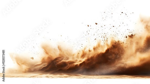 Brown sand explosion isolated on white background, dynamic dust cloud burst, desert sandstorm effect