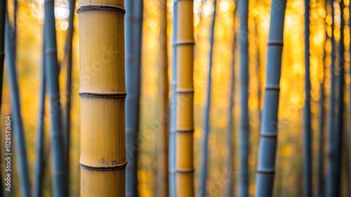 Beautiful Bamboo Forest with Golden Light Filtering Through Tall Green and Yellow Stalks Creating a Serene and Tranquil Atmosphere for Nature Lovers and Photographers photo