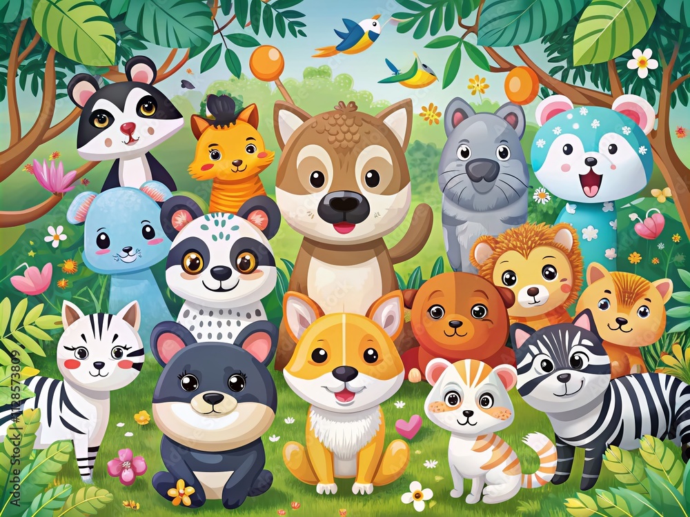 Naklejka premium Aerial View of a Whimsical Wildlife Collection Featuring Shiba Inu, Zebra, Hippopotamus, Penguin, Cat, Cow, Sloth Bear, and Raccoon in Flat Cartoon Design Style