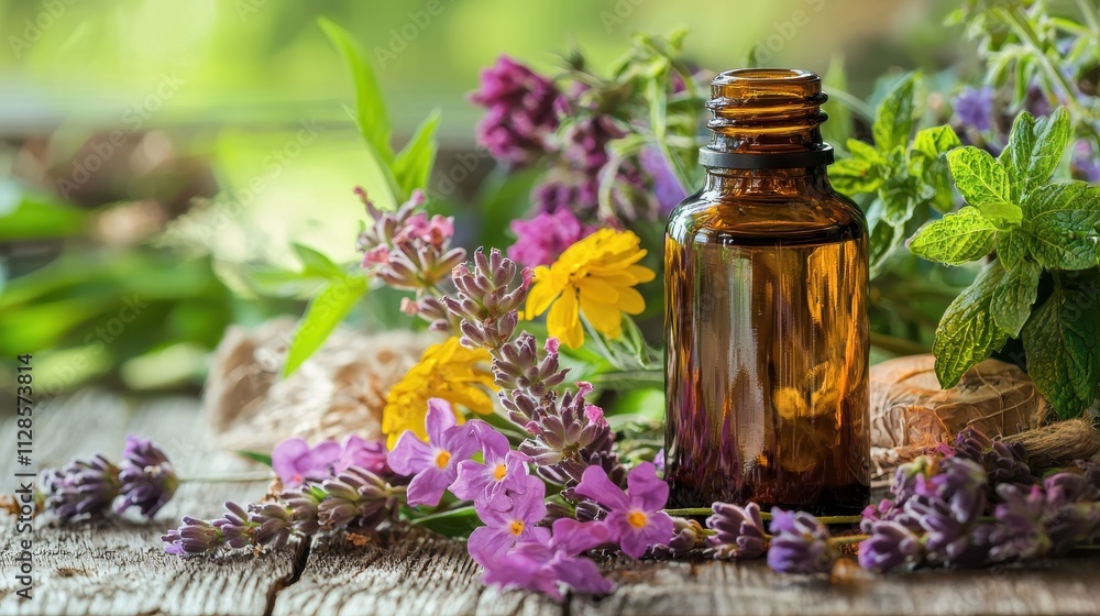 Essential Oil Bottle Surrounded by Fresh Flowers for Health and Wellness and Mindfulness Practices Essential Oil Bottle Surrounded by Fresh Flowers for Health and Wellness and Mindfulness Practices