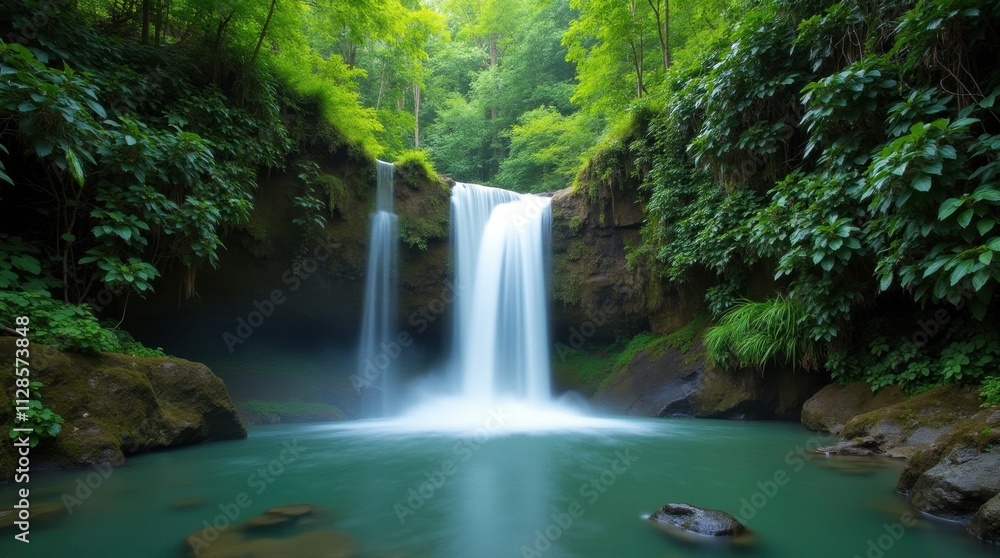 Secluded Waterfall and Natural Pool in Lush Surroundings Secluded Waterfall and Natural Pool in Lush Surroundings