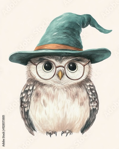 Wise owl wearing a purple wizard hat photo