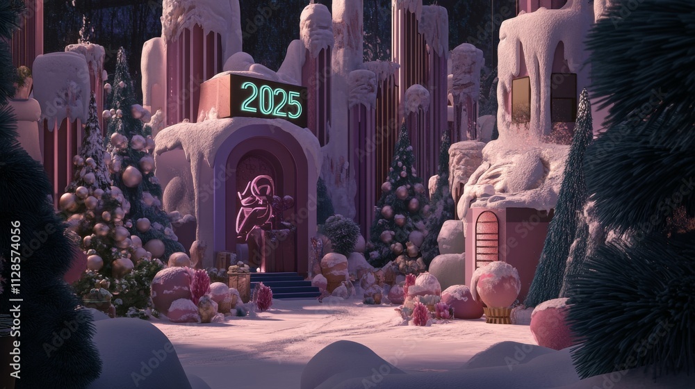 New Year's celebration 2025, A snowy scene with a pink building and a neon sign that says 2015 New Year's celebration 2025, A snowy scene with a pink building and a neon sign that says 2015