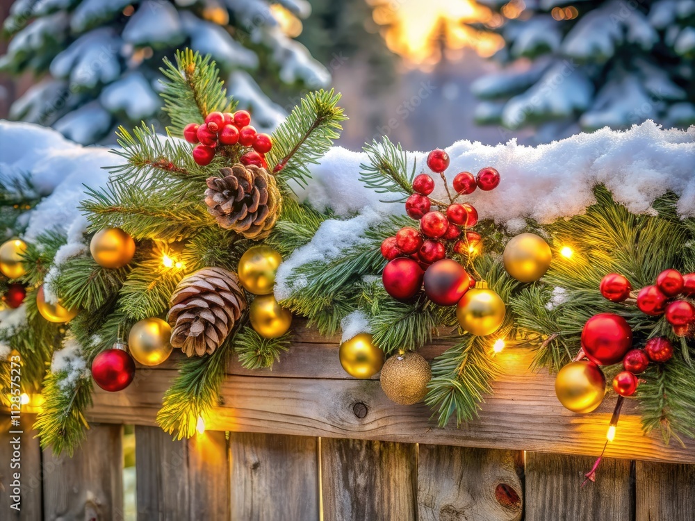 Fototapeta premium Festive garland: red and gold baubles, berries, pinecones, nestled in a snowy winter scene.
