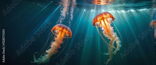 Abstract view of a jellyfish swarm seen from below their bell shaped bodies refracting sunlight penetrating the waters surface creating a kaleidoscope of colors and light photo