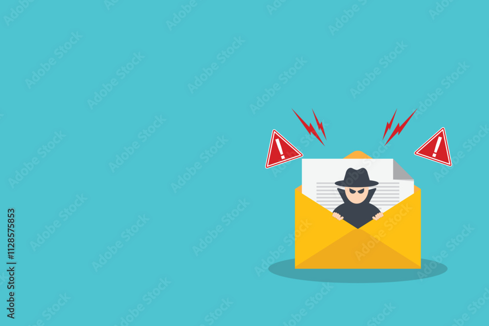 Email data phishing. Cyber thief hide inside email on a laptop computer. Virus, malware, email fraud, e-mail spam, phishing scam, hacker attack concept.	