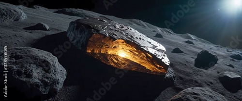 Closeup of a polished fragment of a planetary meteorite its surface revealing layers of basaltic and crystalline structures illuminated by soft cool lighting photo