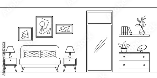 Bedroom graphic black white home interior sketch illustration vector 