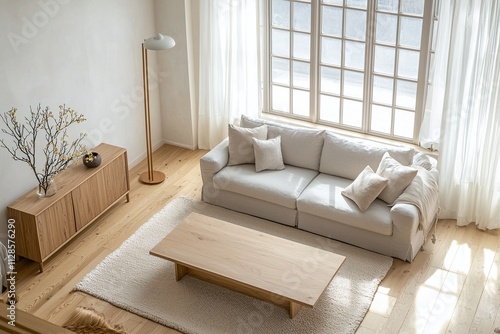 Minimalist, a japandi interior in the living room of a house with a sofa and a wooden table. Generative AI 