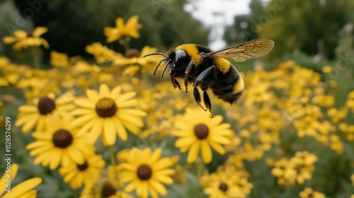 A Close-Up View of a Bumblebee in Flight Above a Field of Yellow Flowers, Capturing the Intricate Details of its Wings and Body Against a Soft-Focus Background of Blooming Wildflow photo