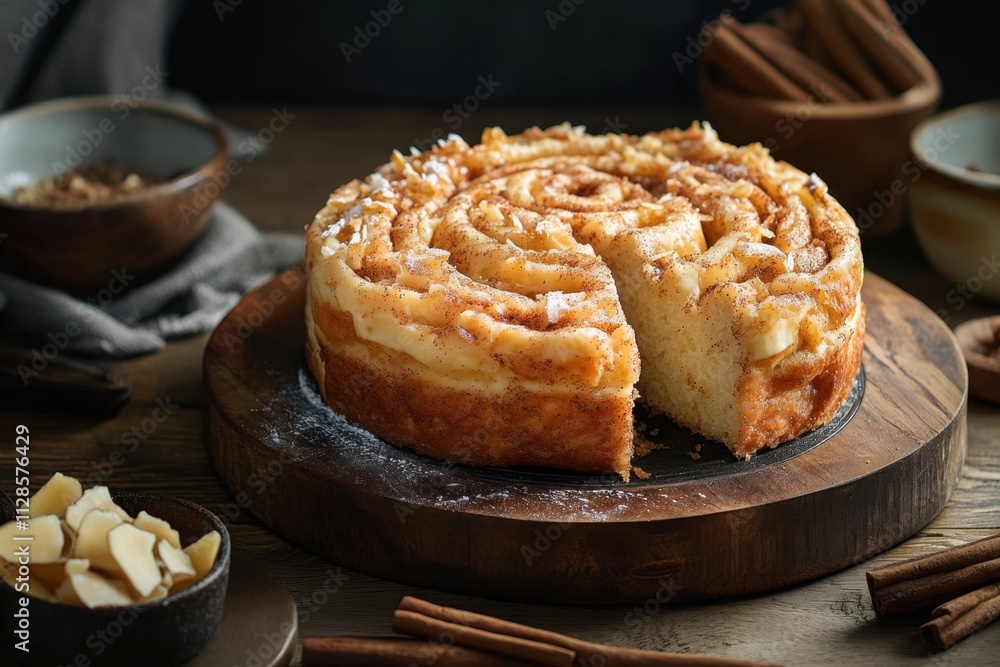 Delicious Cinnamon Swirl Cake Sliced on Wooden Board Delicious Cinnamon Swirl Cake Sliced on Wooden Board