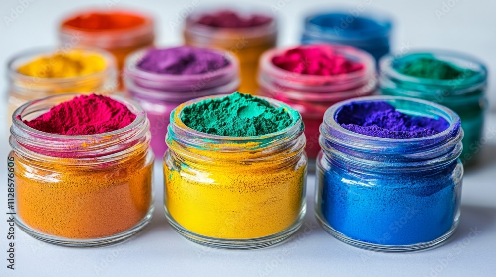 Colorful Powder Dyes In Small Glass Jars Colorful Powder Dyes In Small Glass Jars